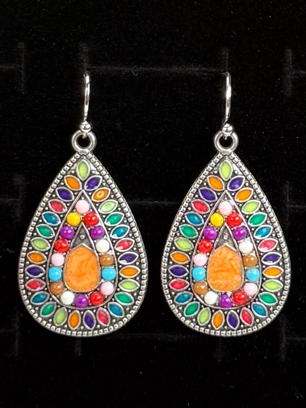 Silvertone colorful Bohemian chic costume pierced earrings